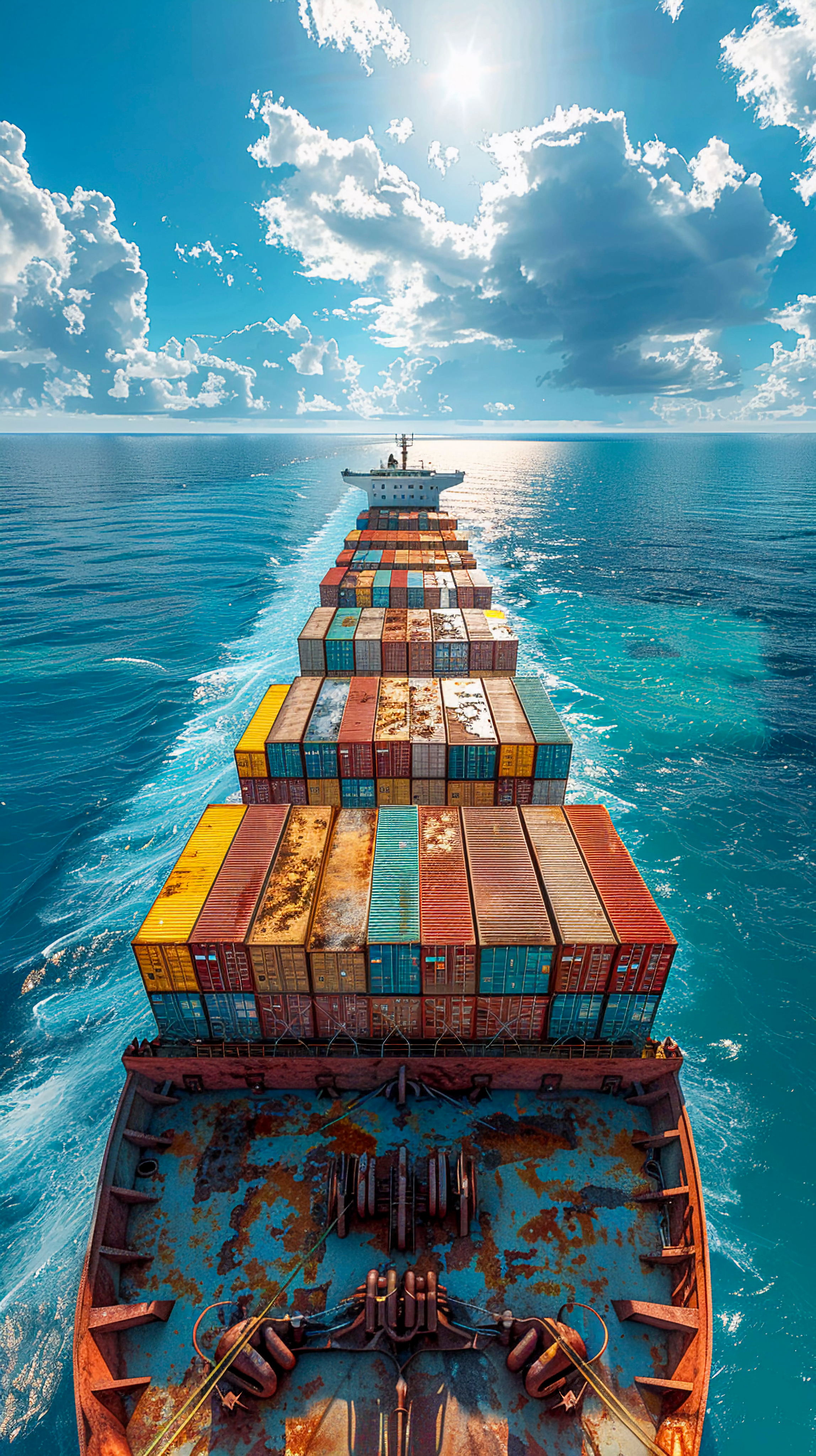 Aerial view of a container ship navigating the ocean, showcasing colorful cargo containers, with text about advanced security services. 